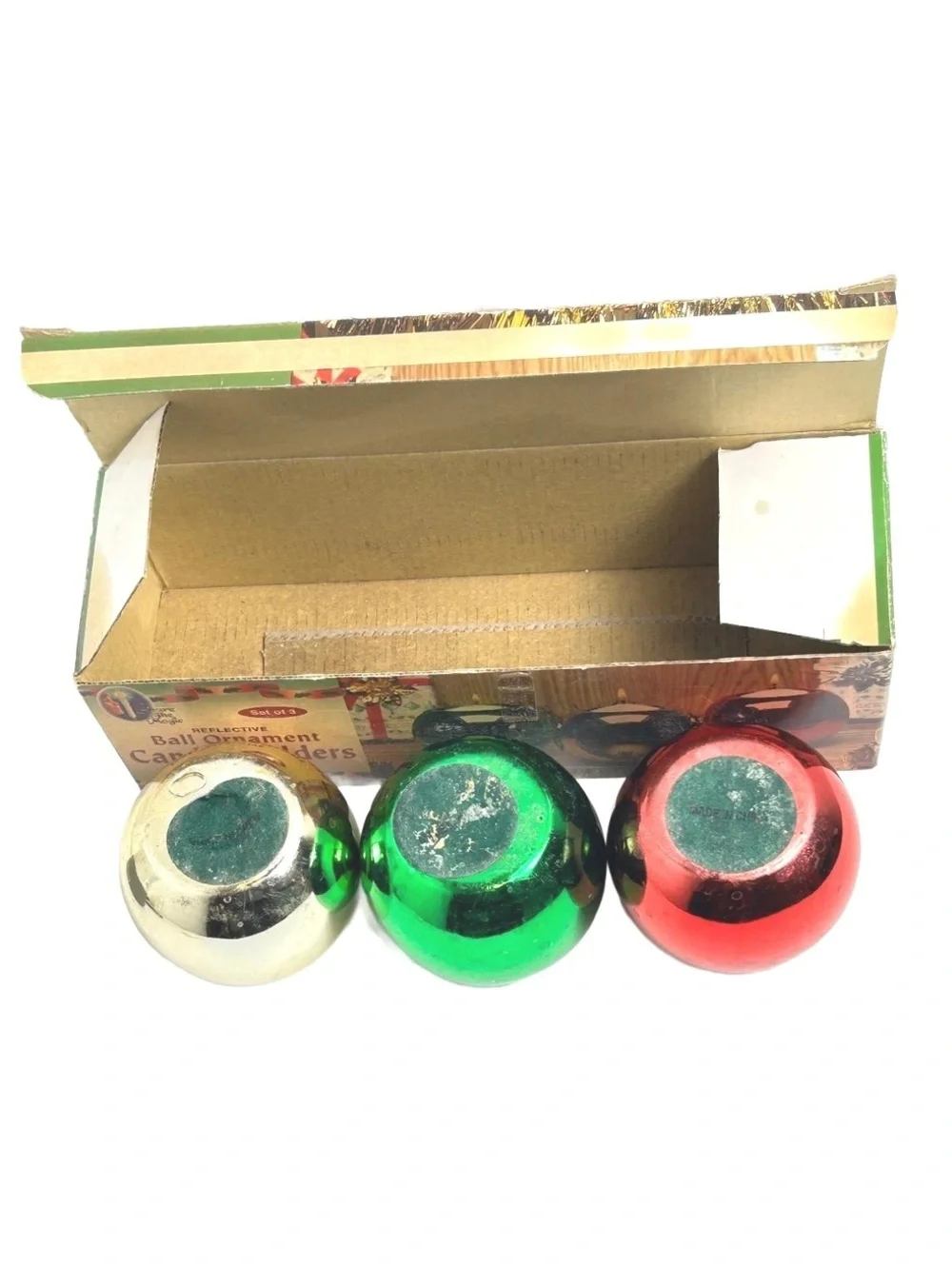 Set of Three Reflective Christmas Ornament Votive Candle Holders
